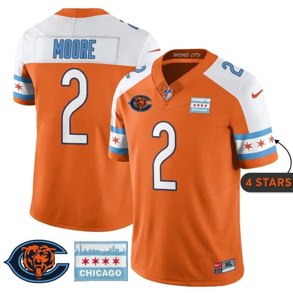 Men's Chicago Bears #2 D.J. Moore Orange Alternate City Edition F.U.S.E. With Chicago Flag Vapor Untouchable Limited Stitched Football Jersey